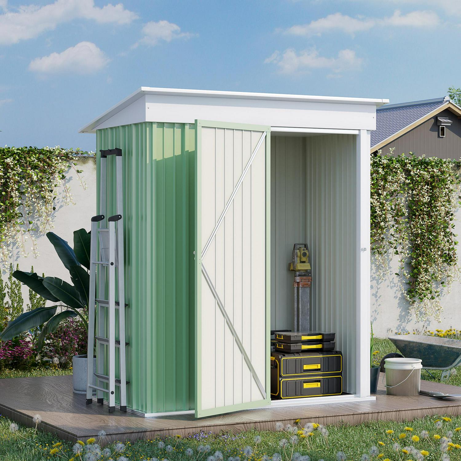5'x3'x6' Metal Garden Shed, Outdoor Lean-to For Tool Motor Bike, With Adjustable Shelf, Lock, Gloves, Green And White