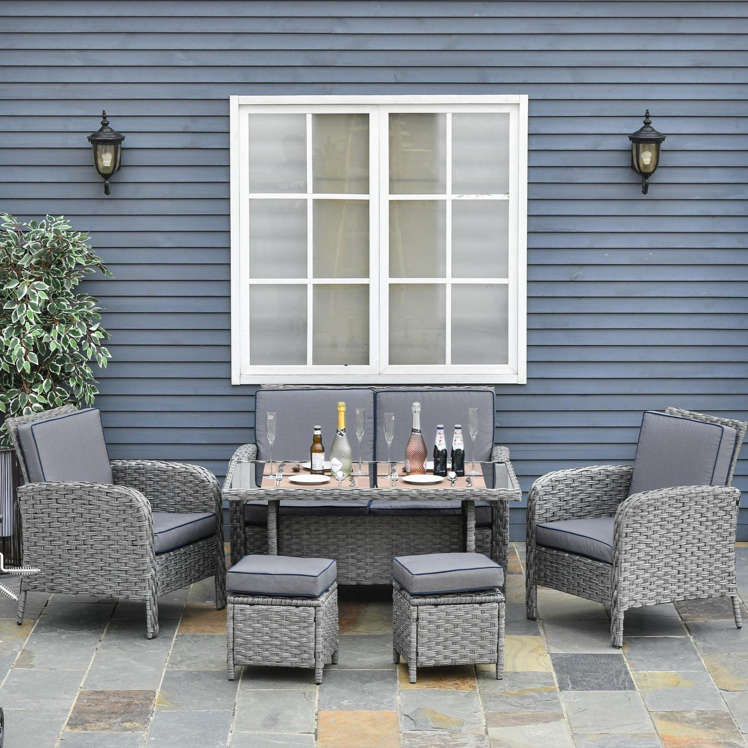 6 PCS Outdoor Patio Rattan Dining Table Sets- Grey