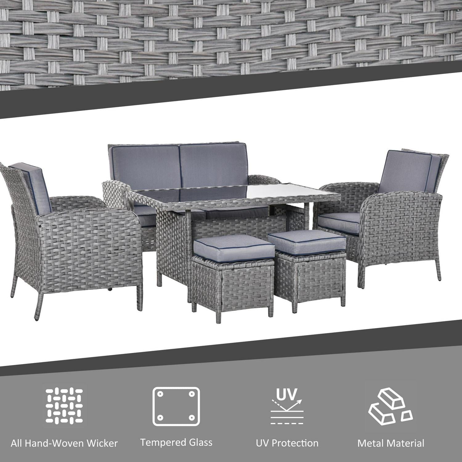 6 PCS Outdoor Patio Rattan Dining Table Sets- Grey