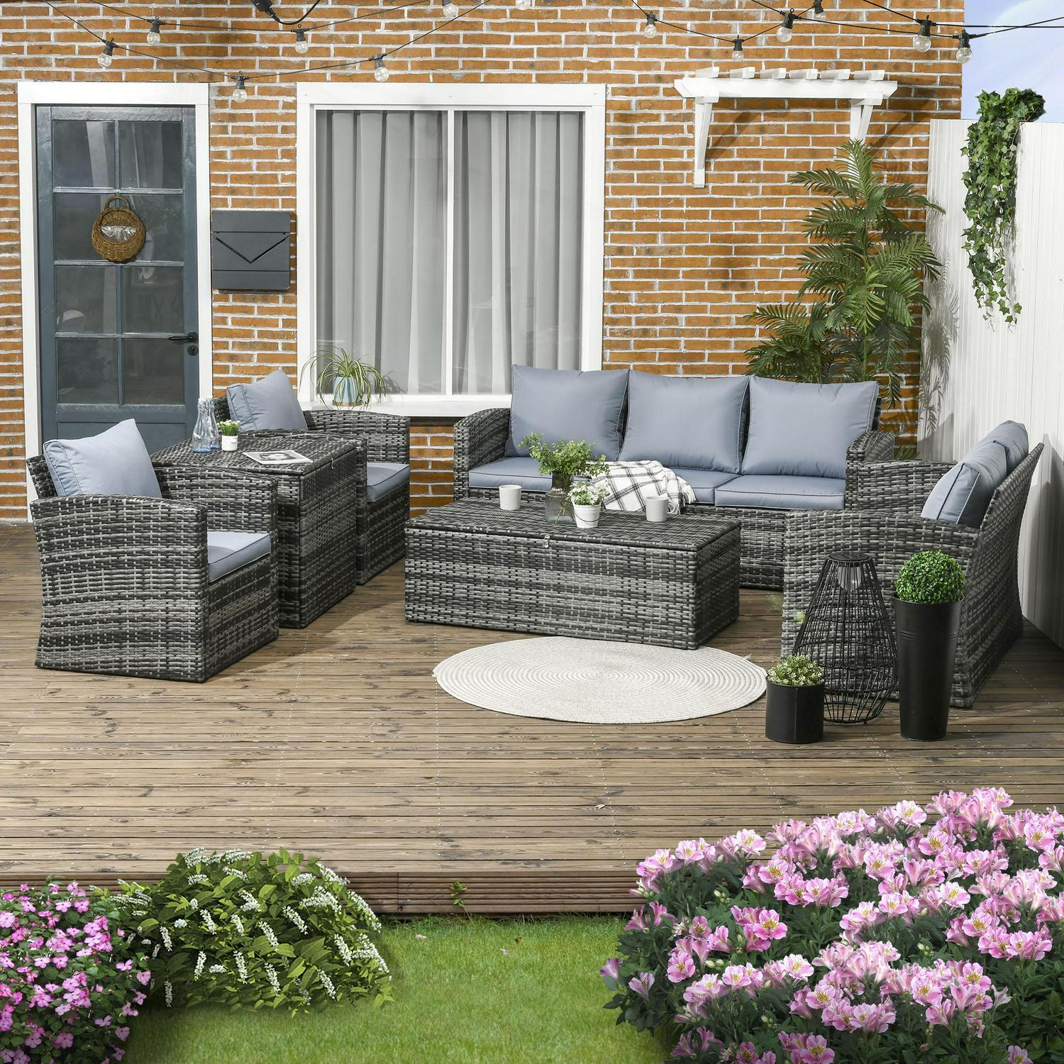 6 Piece Outdoor Rattan Wicker Sofa Set Sectional Patio Conversation Furniture W/ Storage Table And Cushion Mixed Grey