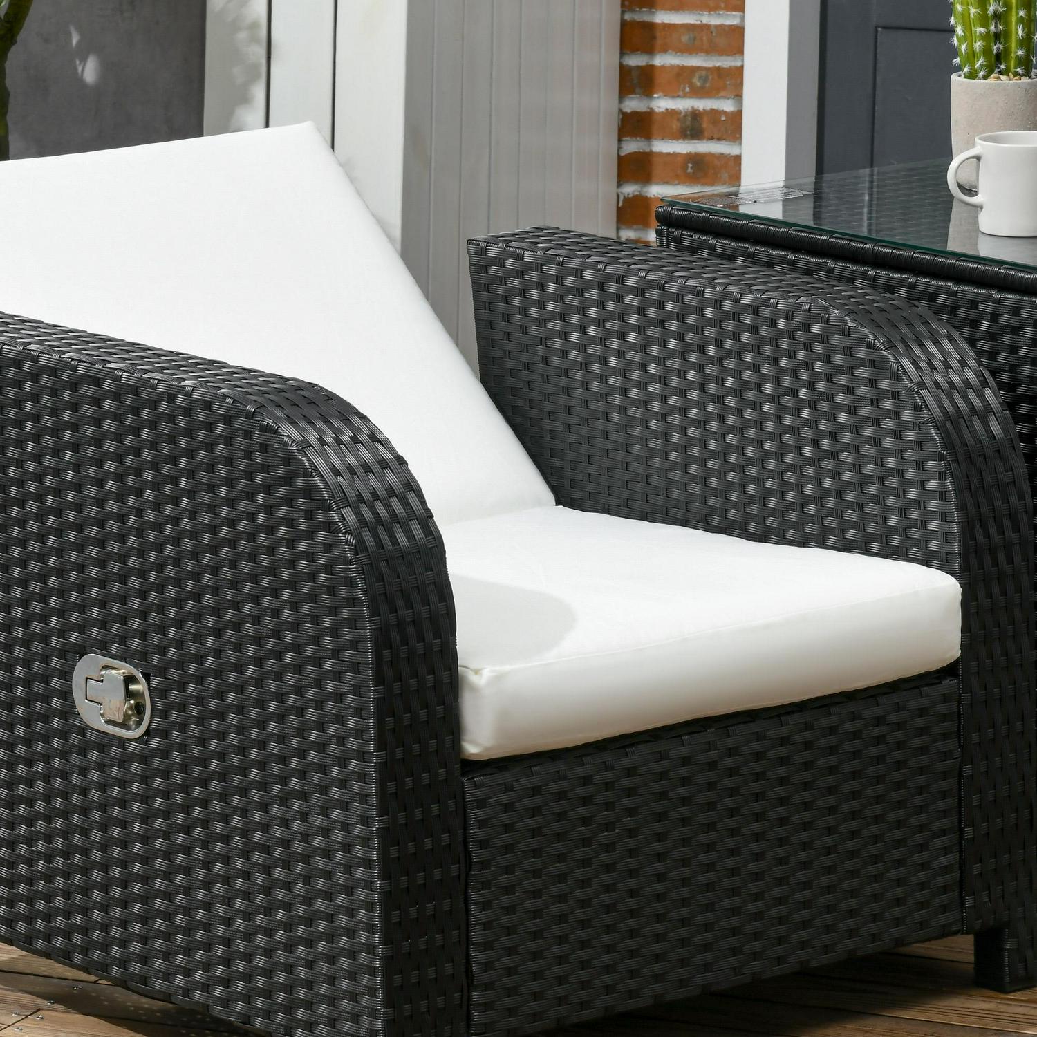 7 Seater Outdoor Rattan Garden Furniture Sets With Wicker Sofa, Reclining Armchair And Glass Table, Black