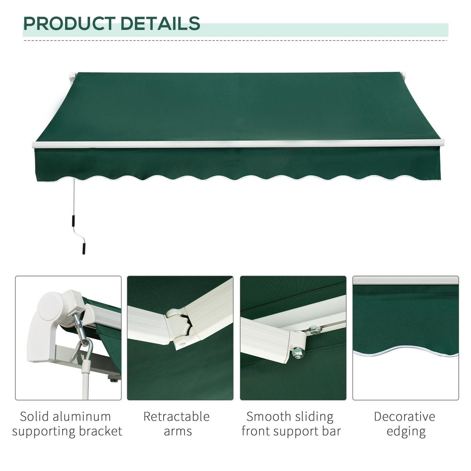 Awning Canopy Manual Retractable Porch Shade Shelter 3 X 2m Green