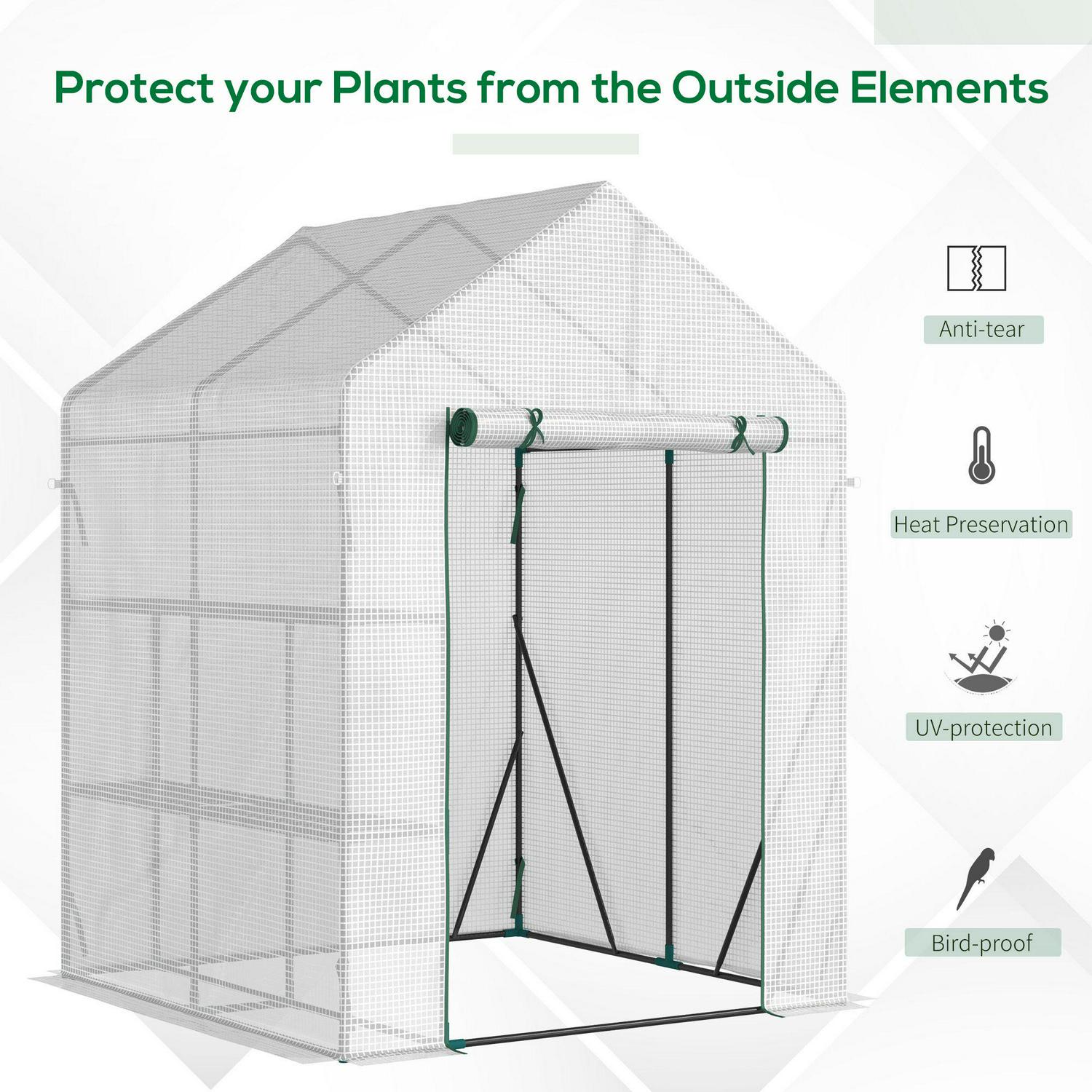Greenhouse For Outdoor W/ 2 Tier Shelf Roll-Up Zippered Cover, UV-resistant PE plastic cover Green
