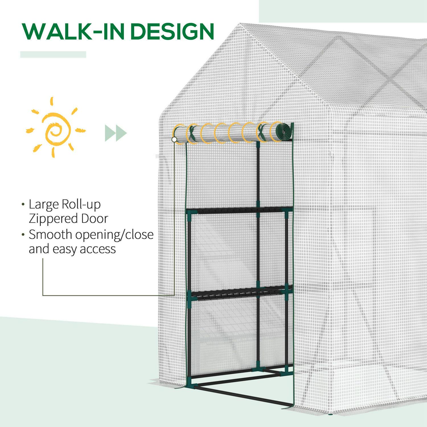 Greenhouse For Outdoor W/ 2 Tier Shelf Roll-Up Zippered Cover, UV-resistant PE plastic cover Green