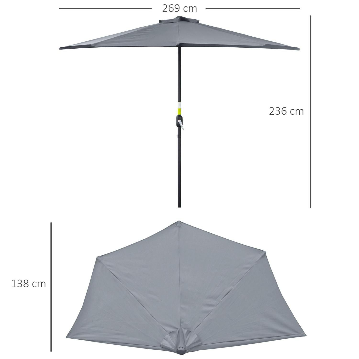 Half Round Umbrella Balcony Parasol Outdoor Aluminum Grey, 2.7m