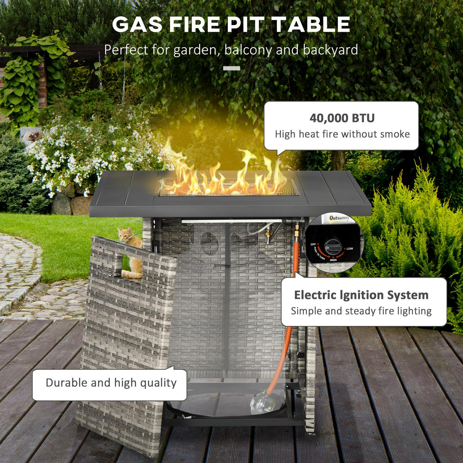 Outdoor PE Rattan Gas Fire Pit Table, Patio Square Propane Heater With Rain Cover, Mesh Lid And Lava Stone, 40,000 BTU, Mixed Grey