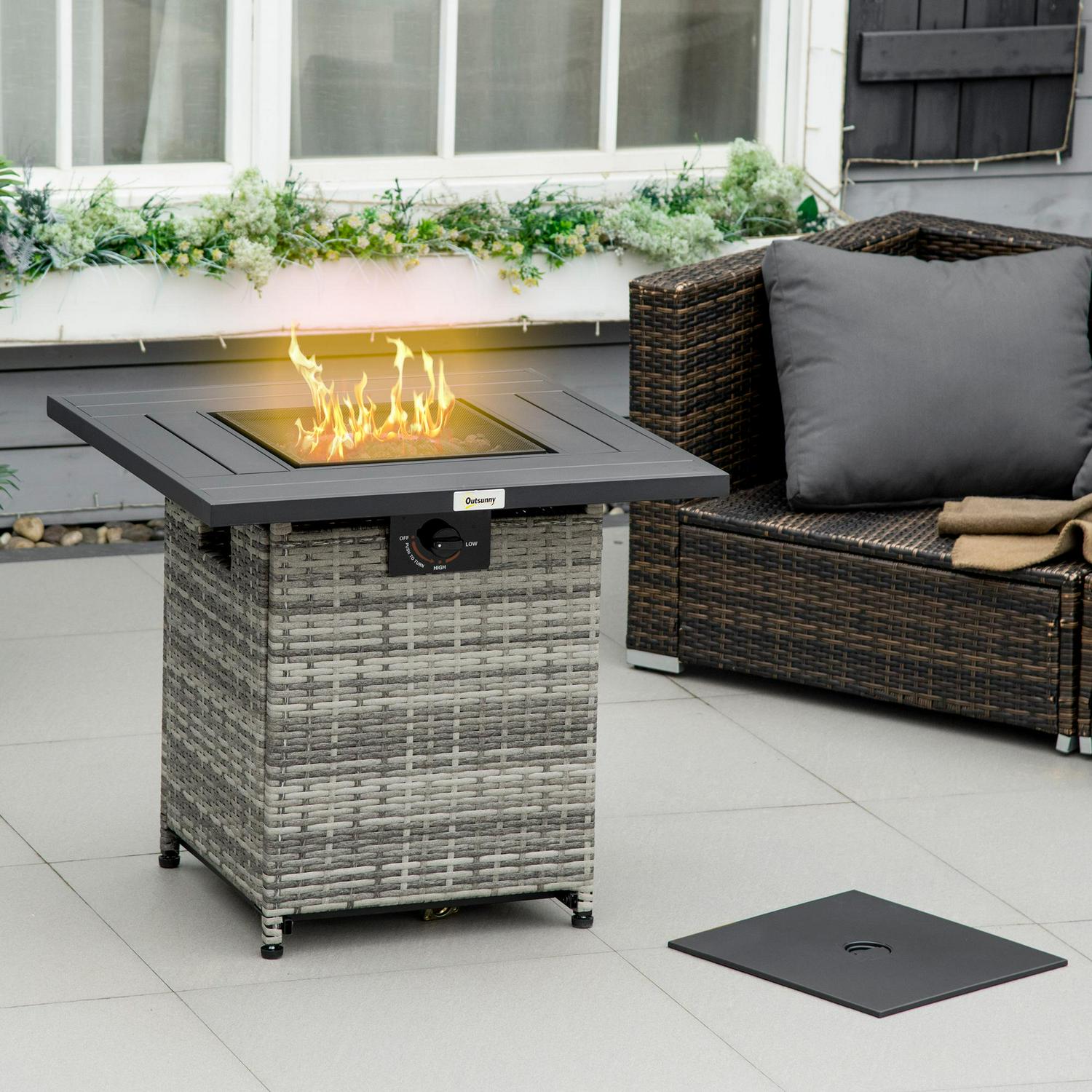 Outdoor PE Rattan Gas Fire Pit Table, Patio Square Propane Heater With Rain Cover, Mesh Lid And Lava Stone, 40,000 BTU, Mixed Grey