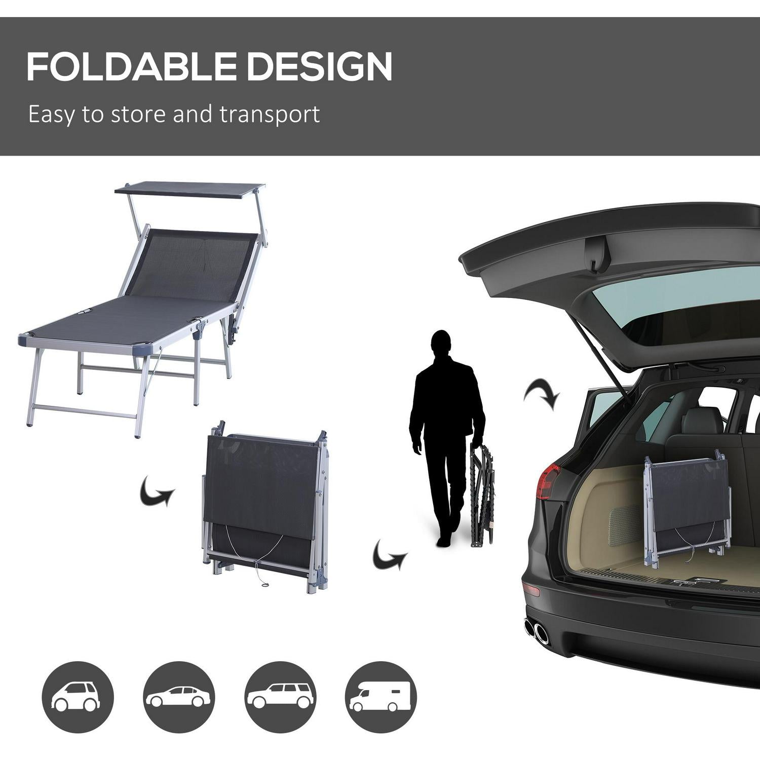 Outdoor Lounger W/ Overhead Canopy Aluminium Adjustable Texteline Seat Grey