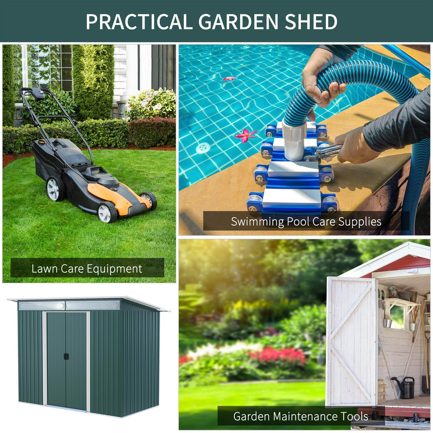 Pent Roofed Metal Garden Shed House Hut Gardening Tool Storage Foundation And Ventilation 260L X 133W X 200Hcm