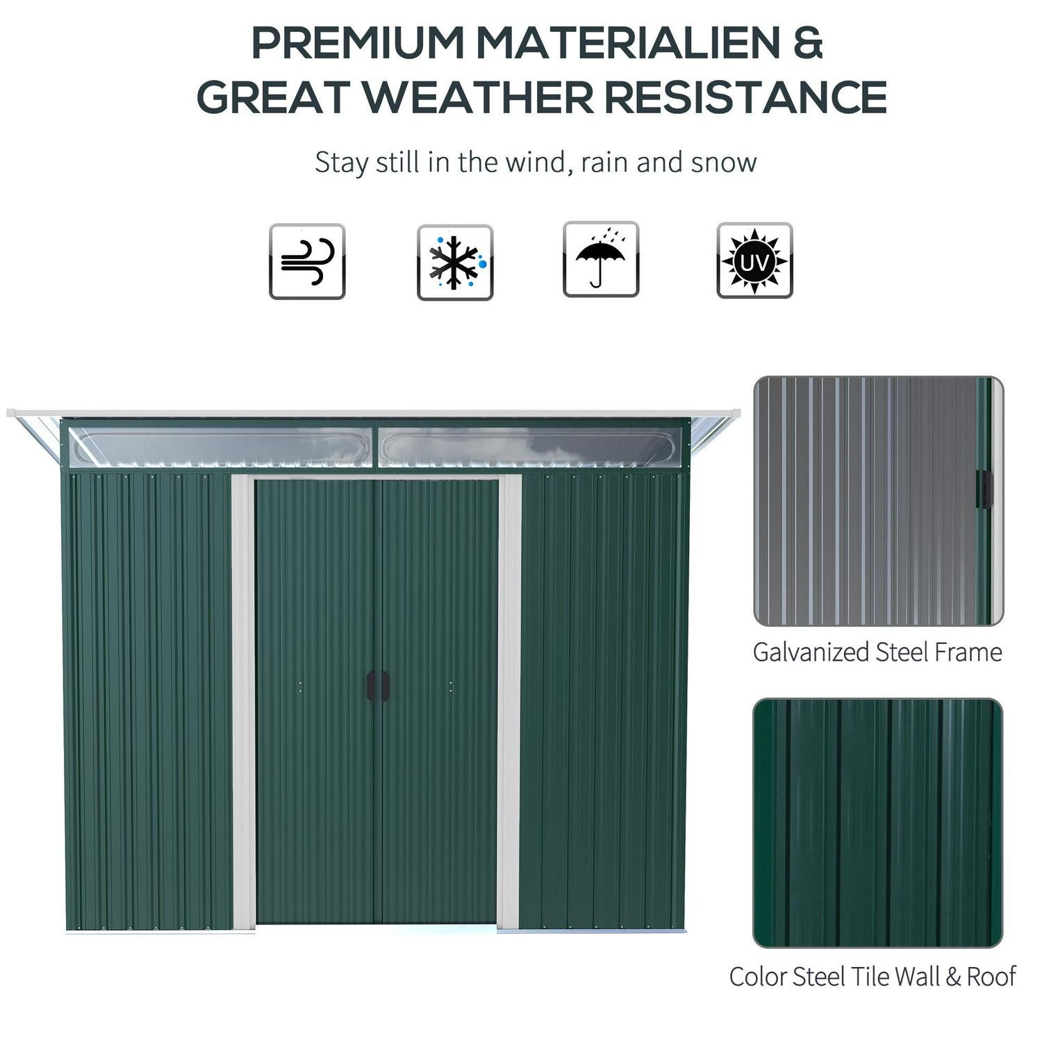 Pent Roofed Metal Garden Shed House Hut Gardening Tool Storage Foundation And Ventilation 260L X 133W X 200Hcm