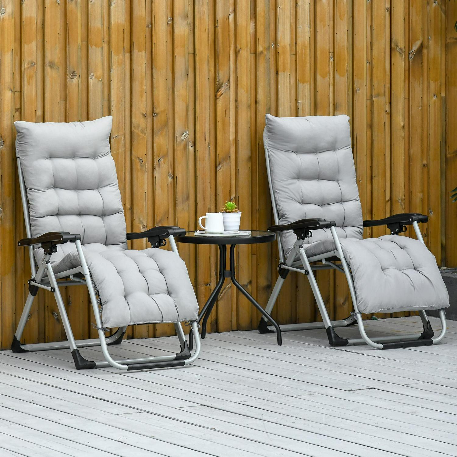 Reclining 2 PCS Zero Gravity Chair Folding Garden Lounger Cushion Light Grey