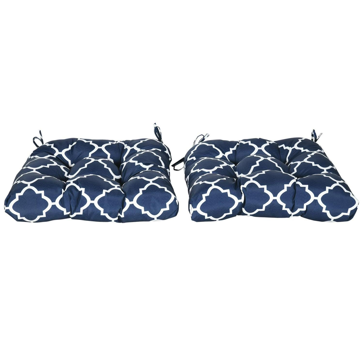 Set Of 2 Chair Cushions Seat Pads Indoor Outdoor With Ties And Tufted Design For Garden Chairs, Blue