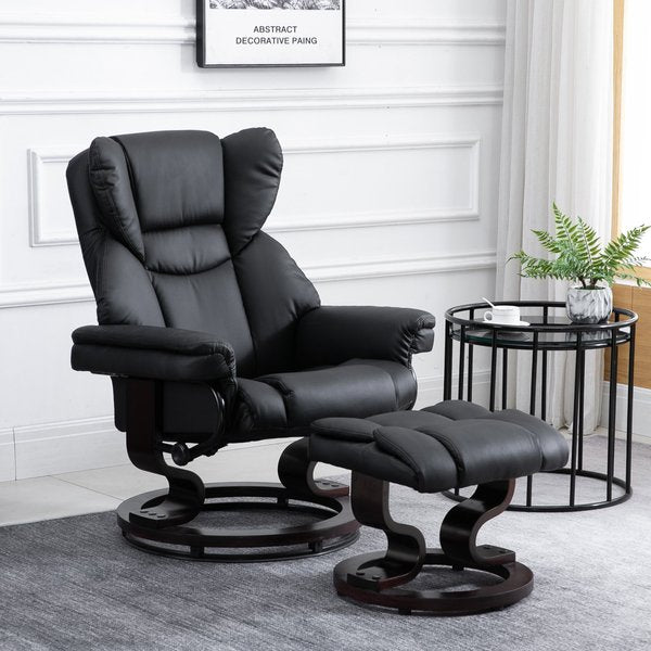 PU Leather Padded Manual Reclining Armchair With Footstool - Black