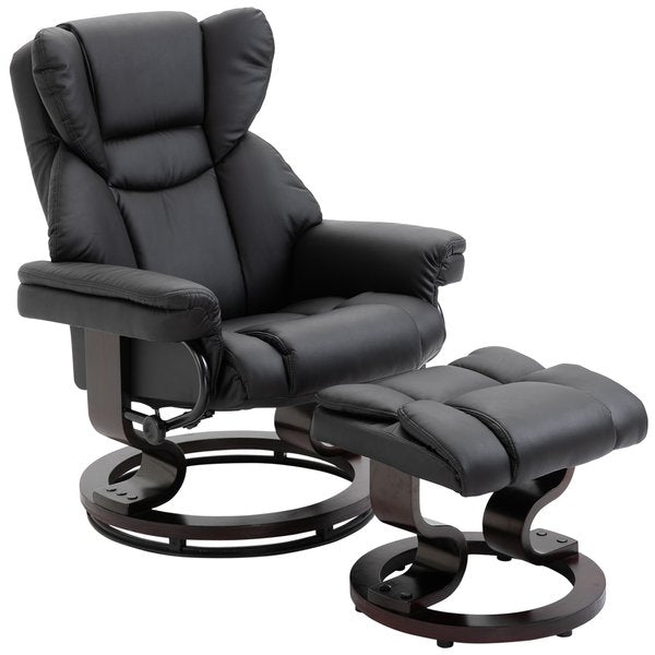PU Leather Padded Manual Reclining Armchair With Footstool - Black