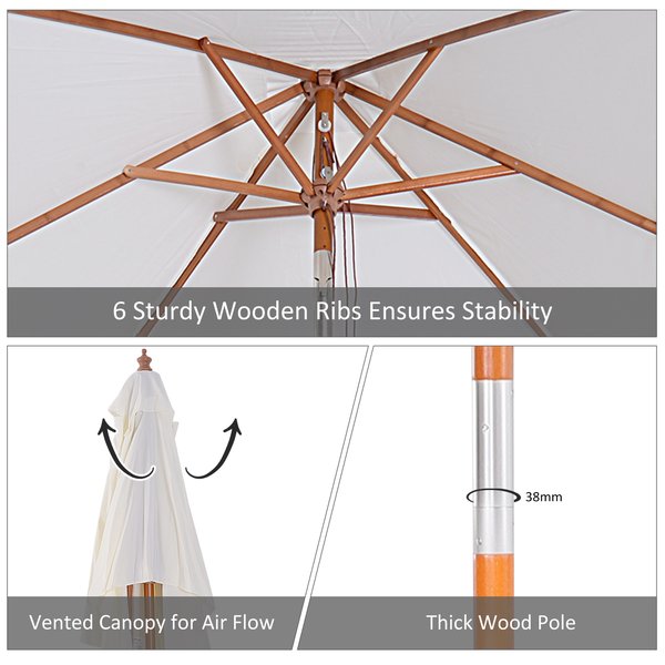 6 Ribs Wood Patio Umbrella Parasol - Cream White