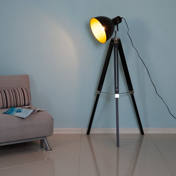 Pine Wood Adjustable Tripod Free-Standing Floor Lamp - Black/Gold