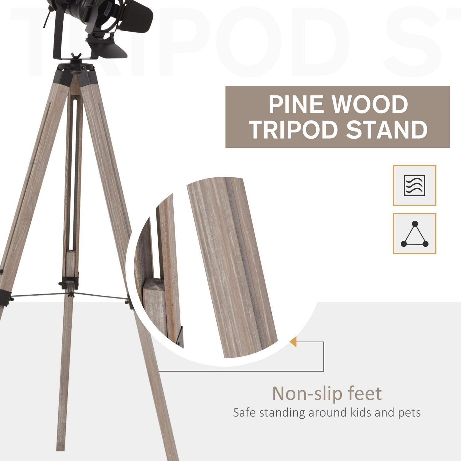 Pine Wood Camera Tripod Floor Lamp - Black