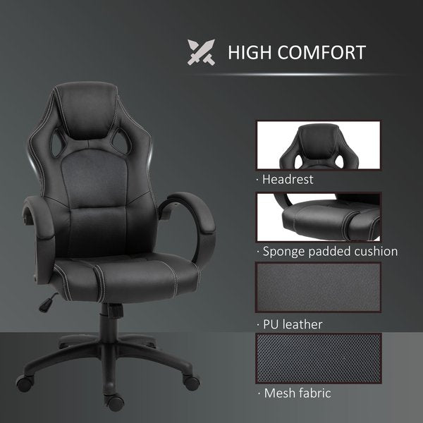 Gaming Home Office Chair With Adjustable Height, PU Leather - Black