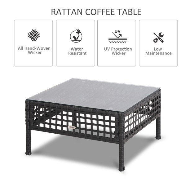 Rattan End Table W/ Glass - Black