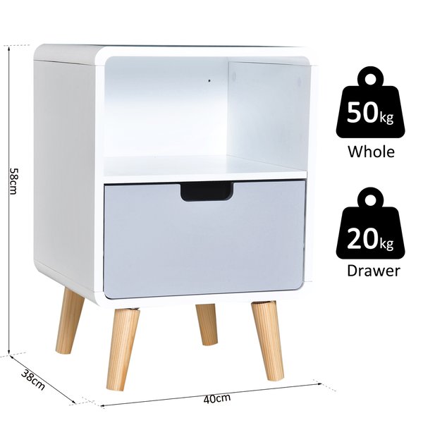 40Lx38Wx58H Cm. Scandinavian Style Bedside Table - White/Grey/Natural Wood Color