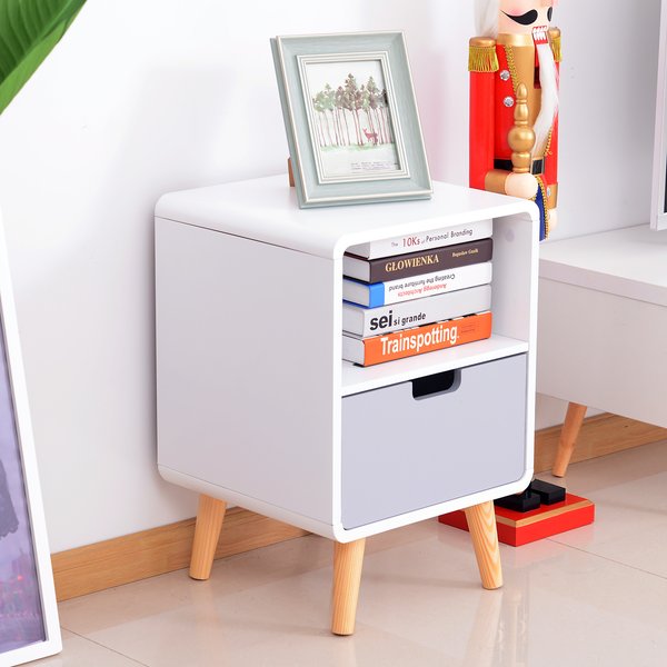 40Lx38Wx58H Cm. Scandinavian Style Bedside Table - White/Grey/Natural Wood Color