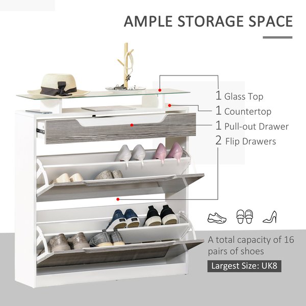 Shoe Cabinet W/ 3 Drawers, Storage Cupboard, Flip Door Glass Top 89Wx23Dx96H cm - Grey