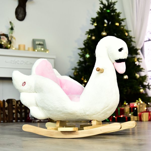 Swan Rocking Horse Kids Wooden Ride On Plush Toy W/ Music