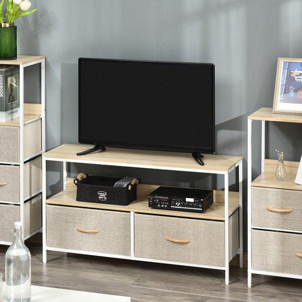 TV Cabinet, Console Unit W/ Foldable Linen Drawers, Stand - Maple Colour