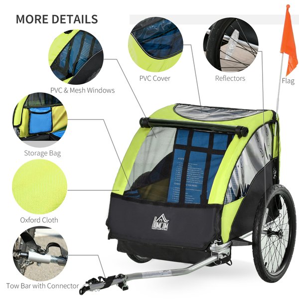 Trailer For Kids Child Bike Foldable Baby Carrier 2-Seat W/ Storage Bag Safety Harness