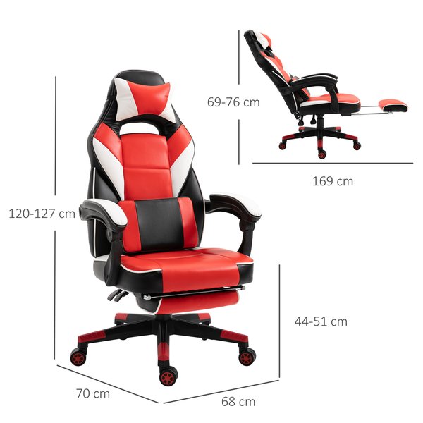 Cool & Stylish Gaming Chair Ergonomic w/ Padding Footrest Neck Back Pillow Adjustable Chair- Red
