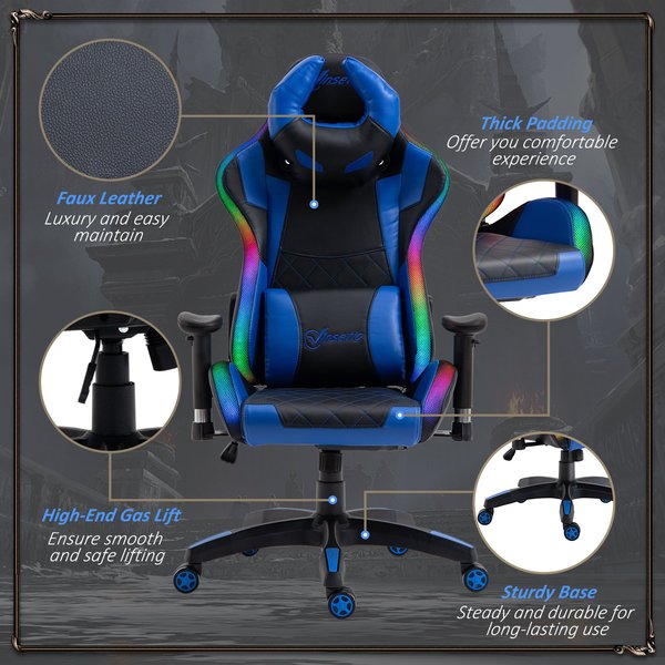 Gaming Office Chair with RGB LED Light, Lumbar Support, Gamer Recliner- Blue