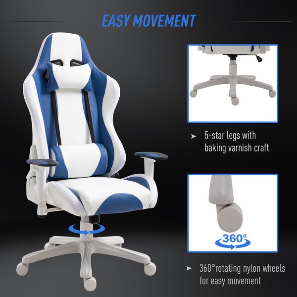PU Leather Gaming Office Chair W/ LED Light & Pillows - Blue/White