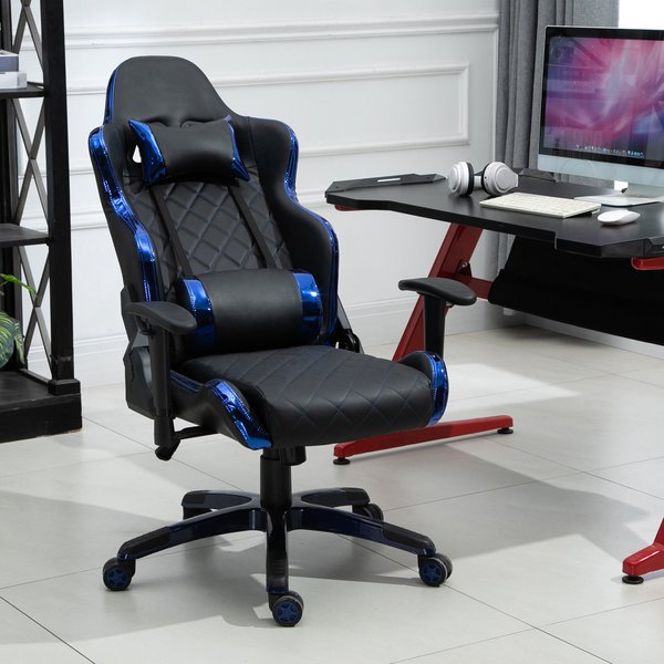  PU Leather Holographic Accent Gaming Chair w/ Pillows- Blue/Black