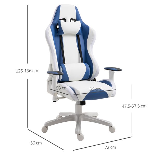 PU Leather Gaming Office Chair W/ LED Light & Pillows - Blue/White