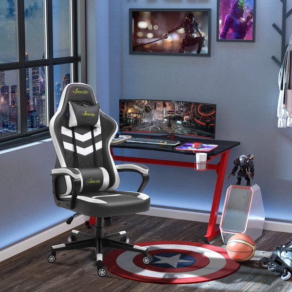 Racing Gaming Chair w/ Lumbar Support, Headrest, Home Office Gamer - Grey/White