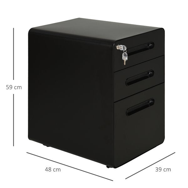 Steel 3-Drawer Curved Filing Cabinet Mobile File W/ Lock Black