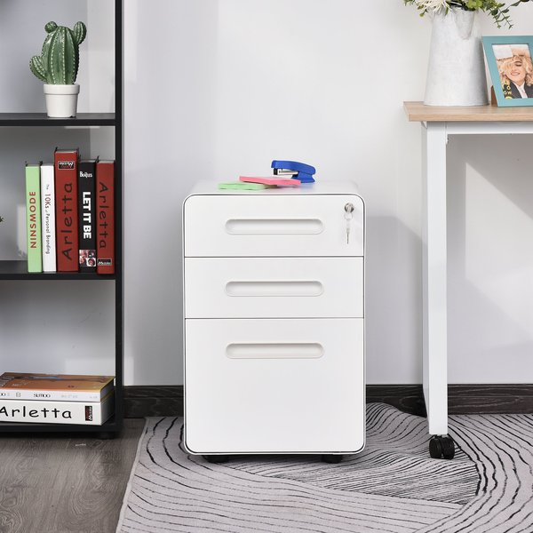 Steel 3-Drawer Curved Mobile File Cabinet W/ Lock All-Metal Rolling - White