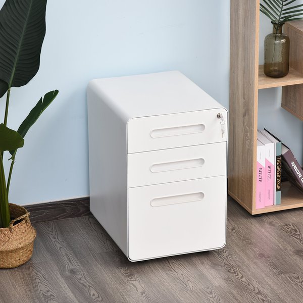 Steel 3-Drawer Curved Mobile File Cabinet W/ Lock All-Metal Rolling - White