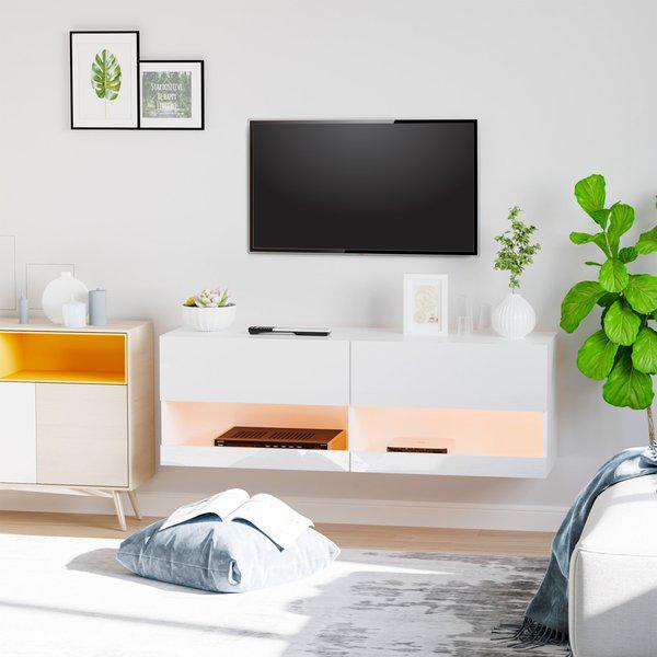 Wall Mount TV Stand Entertainment Center W/ LED Lights, Storage Cable Holes