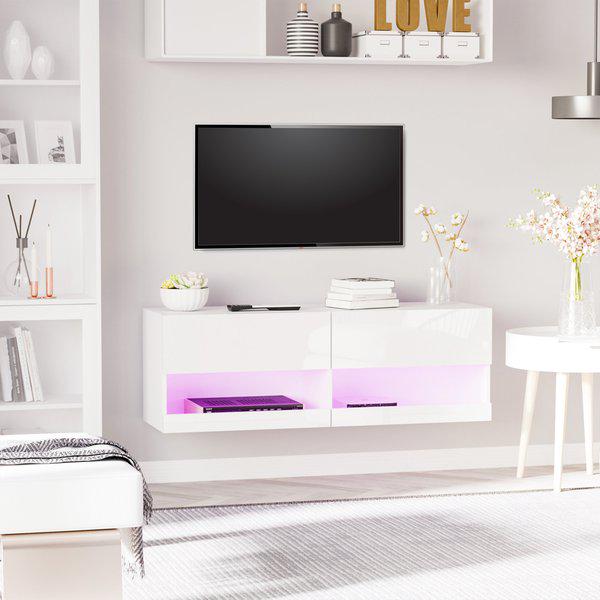 Wall Mount TV Stand Entertainment Center W/ LED Lights, Storage Cable Holes