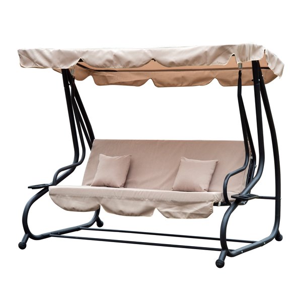 3-Seater Water Resistant Swing Chair W/ Cup Holder - Beige