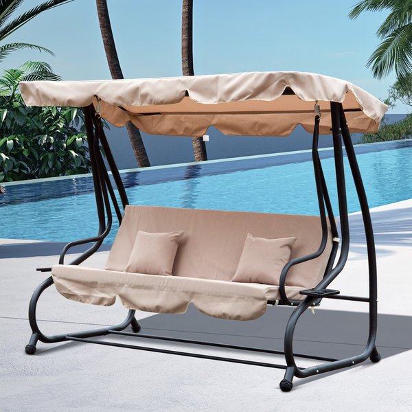 3-Seater Water Resistant Swing Chair W/ Cup Holder - Beige