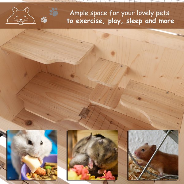 Wooden 4-Tier Hamster Cage Small Animal Hutch - Natural Wood Colour