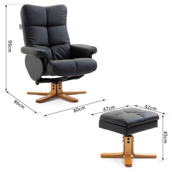Wooden Recliner PU Leather Chair Ottoman Footrest Adjustable Base Swivel W/Stool - Black