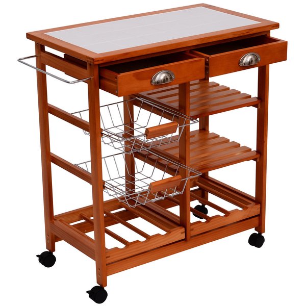 Wooden Rolling Kitchen Cart  Utility Trolley W/ Towel Rack, Drawers & Shelves
