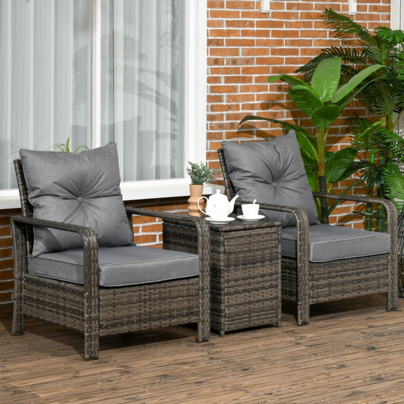 2-Seater PE Rattan Garden Seating Set W/ 2 Padded Chair Storage Table Grey