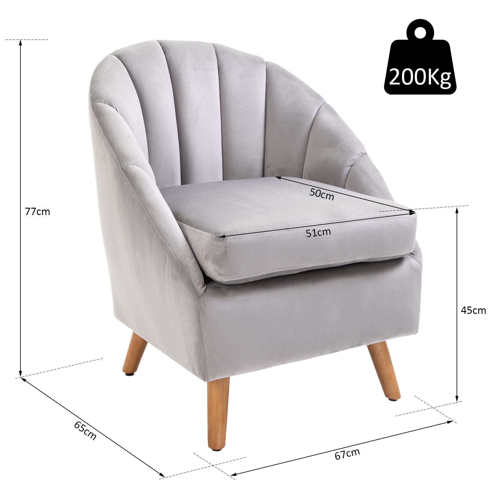 Decadent Single Lounge Chair Velvet-Look Upholstery W/ Wooden Legs - Grey