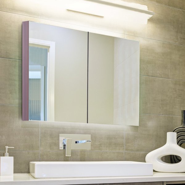 63Wx60Hx13.5T Cm. Wall Mounted Glass Bathroom Mirror Cabinet Storage Shelf - Light Walnut